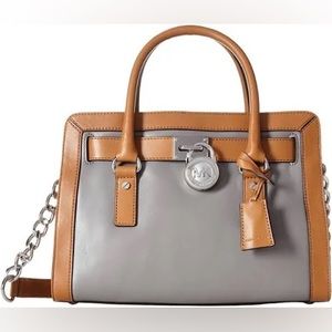 Michael Kors Leather Hamilton Frame Out East West Satchel Stgrey/Acorn